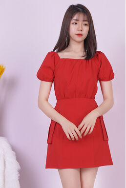 Square Neck Ruched Top Patch Pocket Playsuit (Red)
